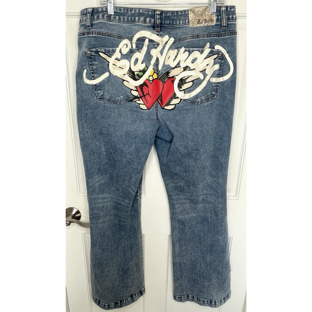Ed Hardy Painted Jeans Sz 34 Graffiti Retro Y2K Flare Leg Tattoo Art Streetwear